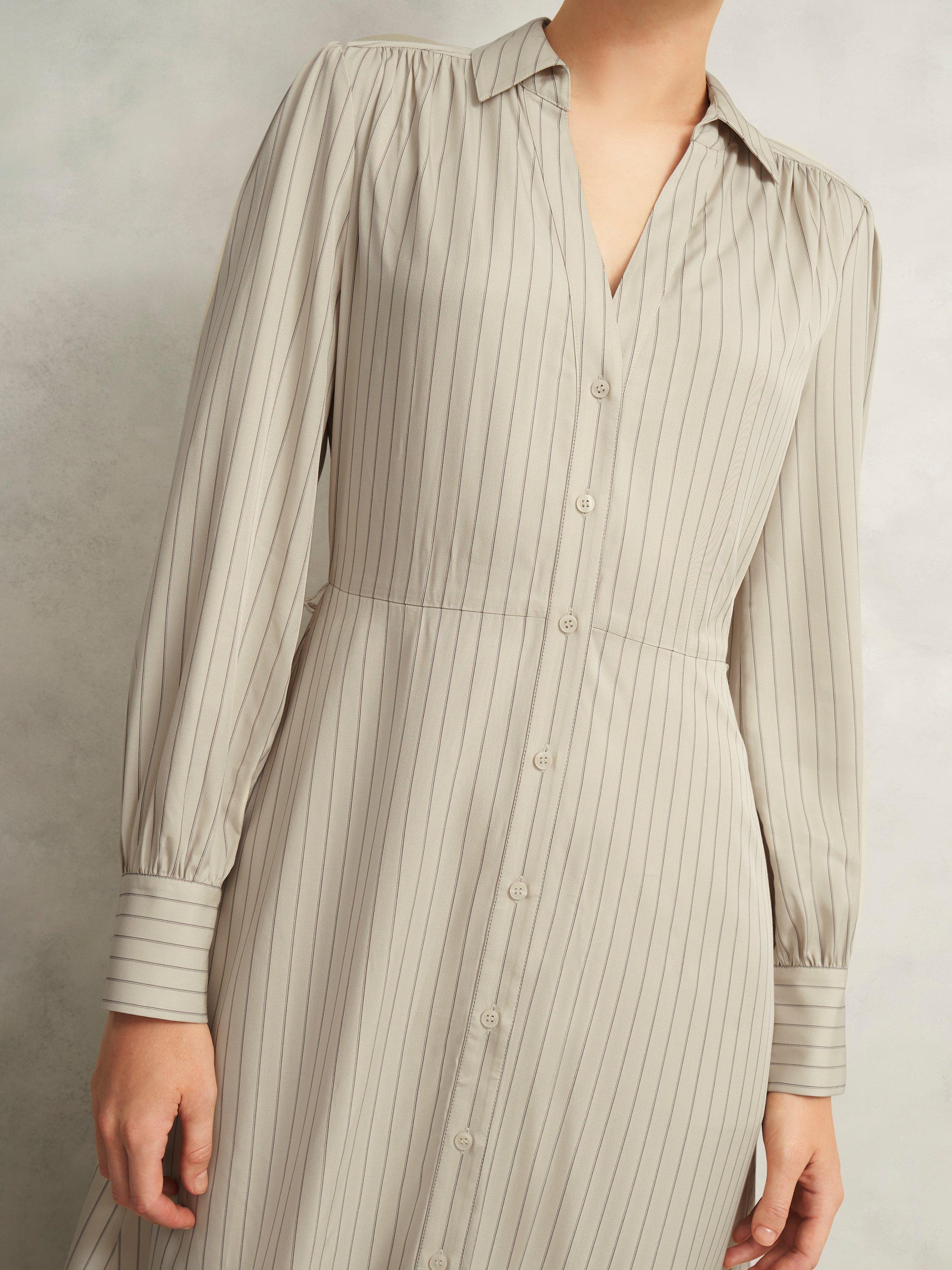 Product image 6 of 6, which shows Hobbs Eleanor Striped Long Sleeved Midi T-Shirt Dress, Soft Beige, 10