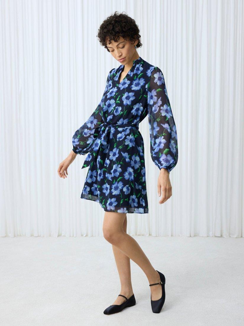 Product image 1 of 5, which shows Hobbs Gracie Floral V-Neck Flared Mini Dress, Midnight/Multi, 12