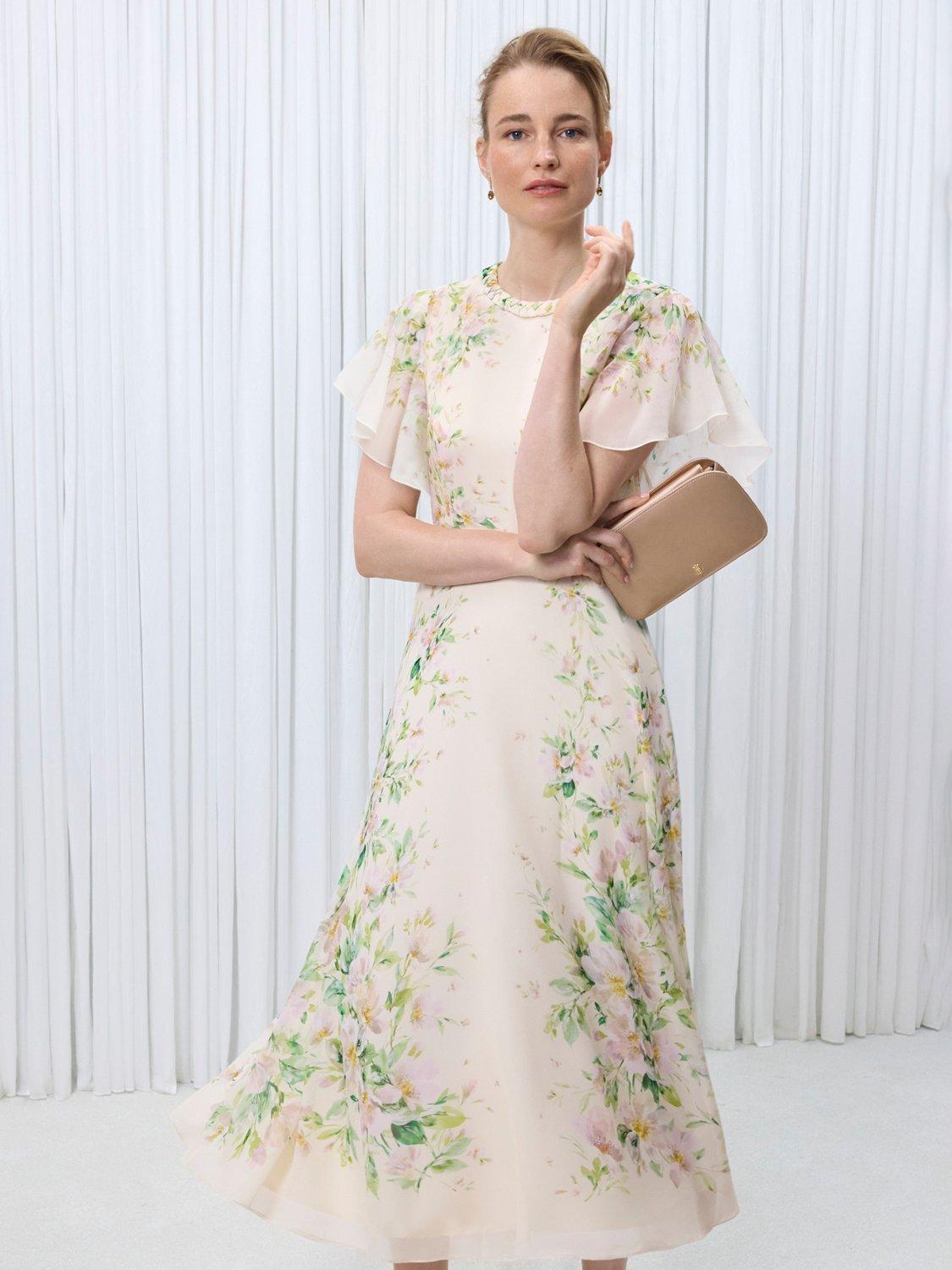 Product image 1 of 7, which shows Hobbs Kim Floral Crew Neck Short Sleeved Silk Midi Dress, Cream/Multi, 10