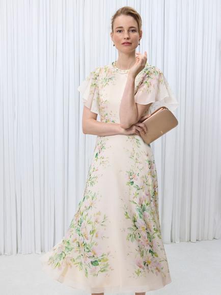 Hobbs Kim Floral Crew Neck Short Sleeved Silk Midi Dress, Cream/Multi