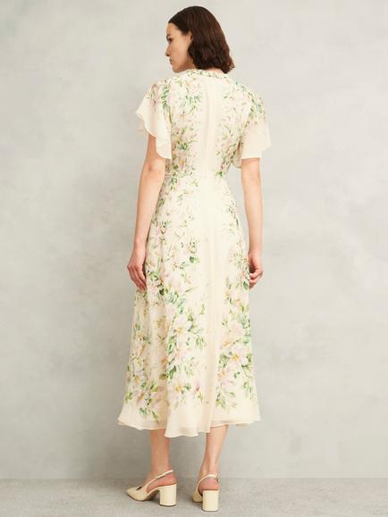 Hobbs Kim Floral Crew Neck Short Sleeved Silk Midi Dress - view 2, Cream/Multi