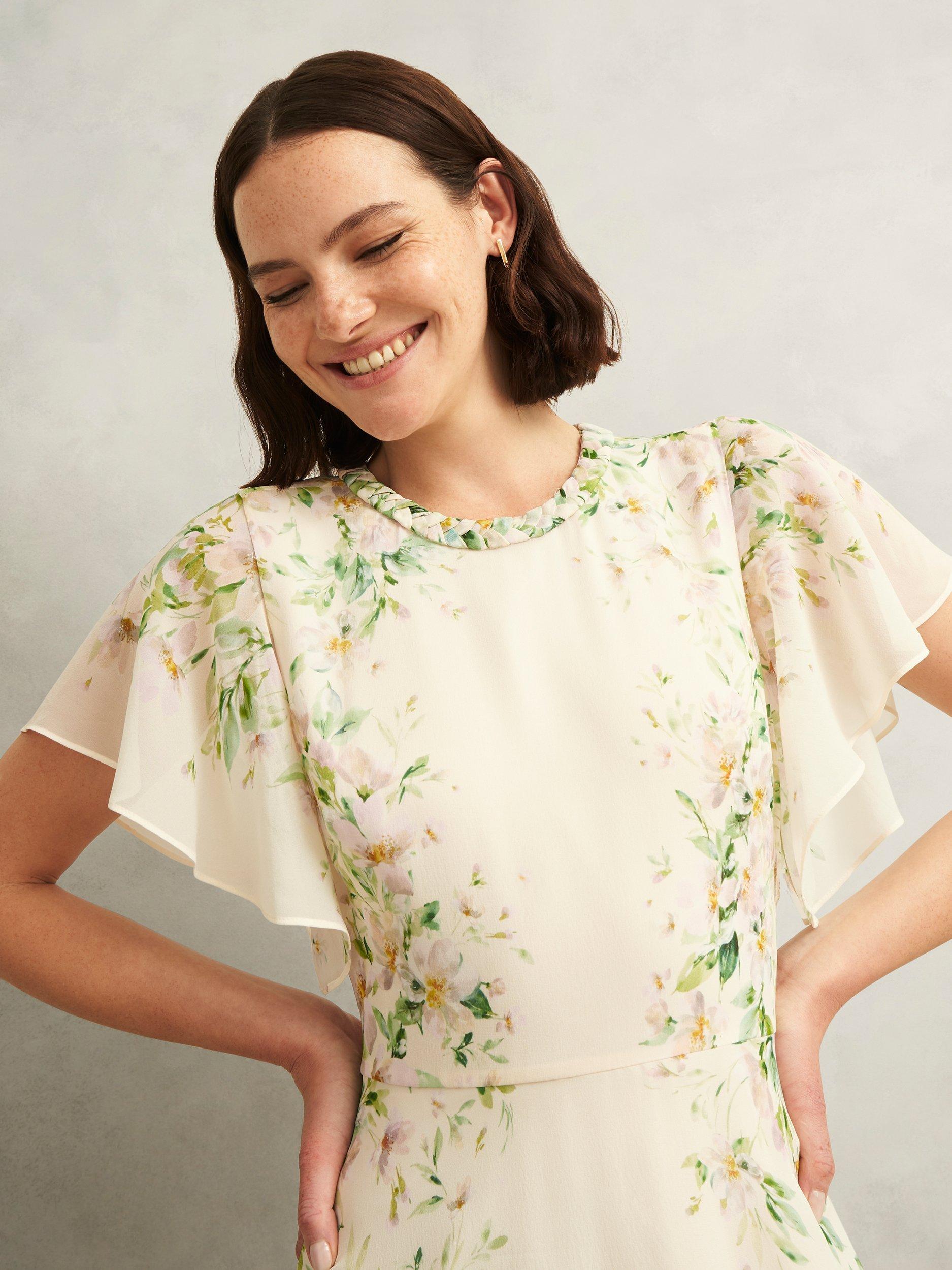 Product image 3 of 7, which shows Hobbs Kim Floral Crew Neck Short Sleeved Silk Midi Dress, Cream/Multi, 10