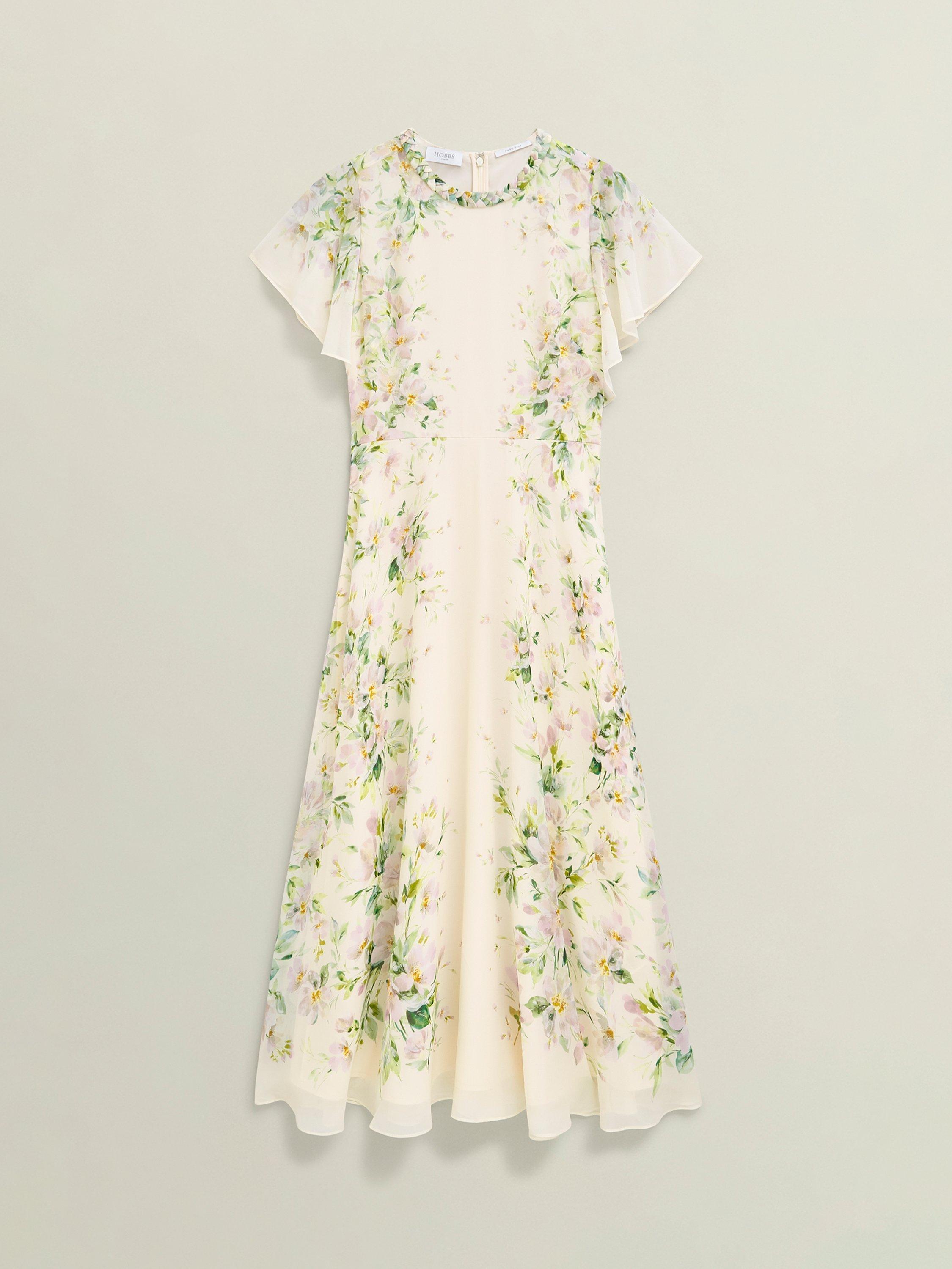 Product image 4 of 7, which shows Hobbs Kim Floral Crew Neck Short Sleeved Silk Midi Dress, Cream/Multi, 10