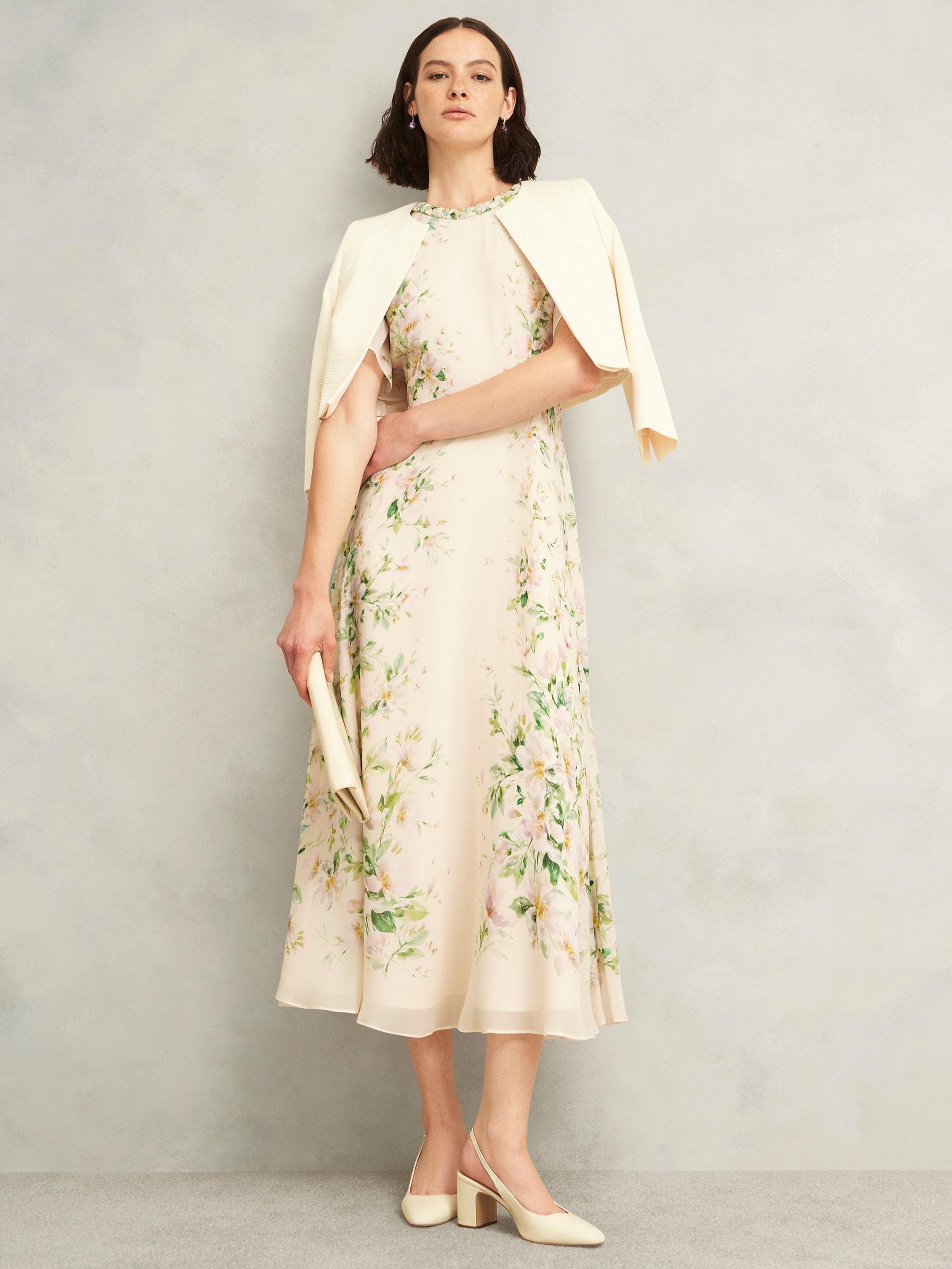 Product image 5 of 7, which shows Hobbs Kim Floral Crew Neck Short Sleeved Silk Midi Dress, Cream/Multi, 10