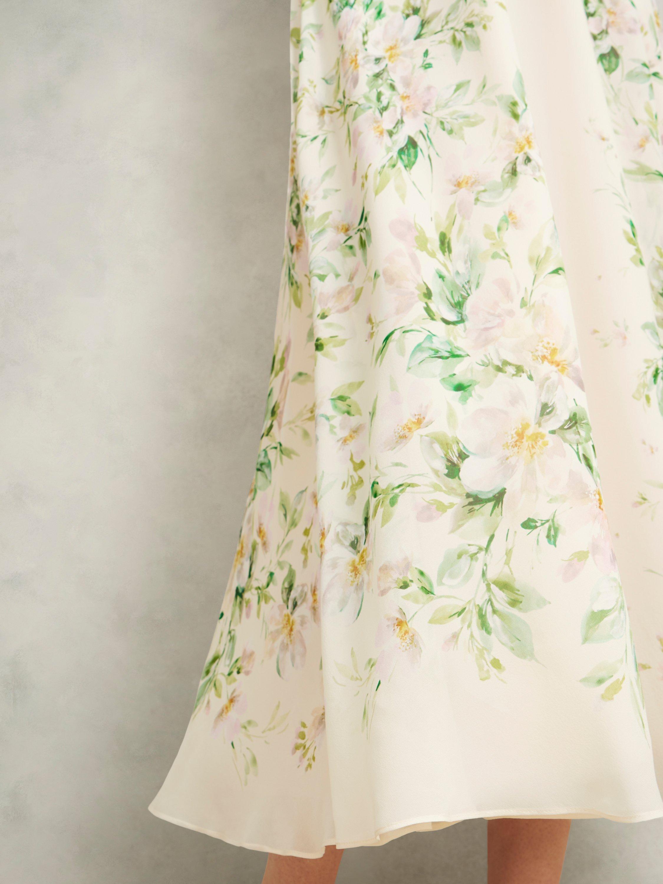 Product image 6 of 7, which shows Hobbs Kim Floral Crew Neck Short Sleeved Silk Midi Dress, Cream/Multi, 10