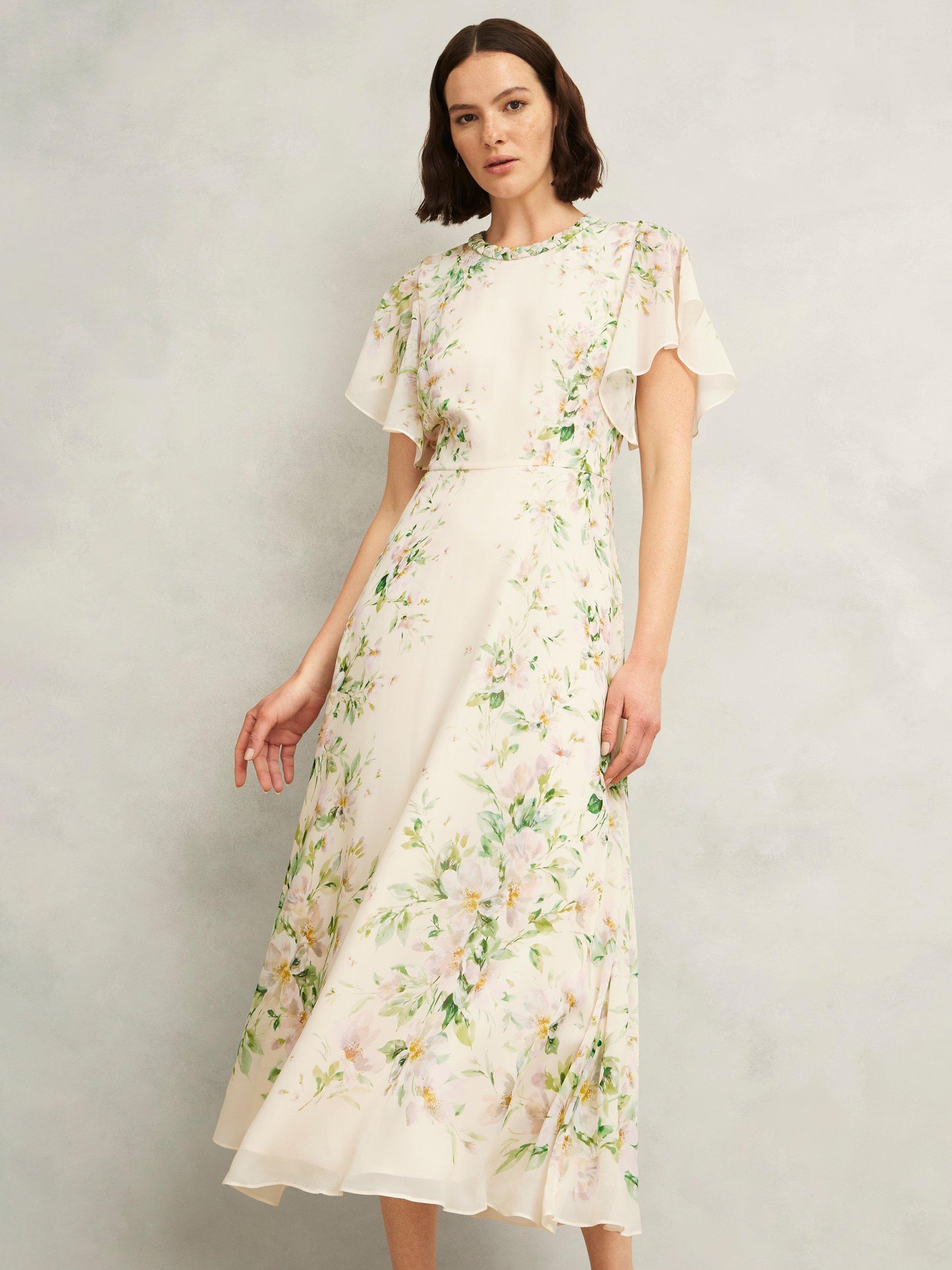 Product image 7 of 7, which shows Hobbs Kim Floral Crew Neck Short Sleeved Silk Midi Dress, Cream/Multi, 10