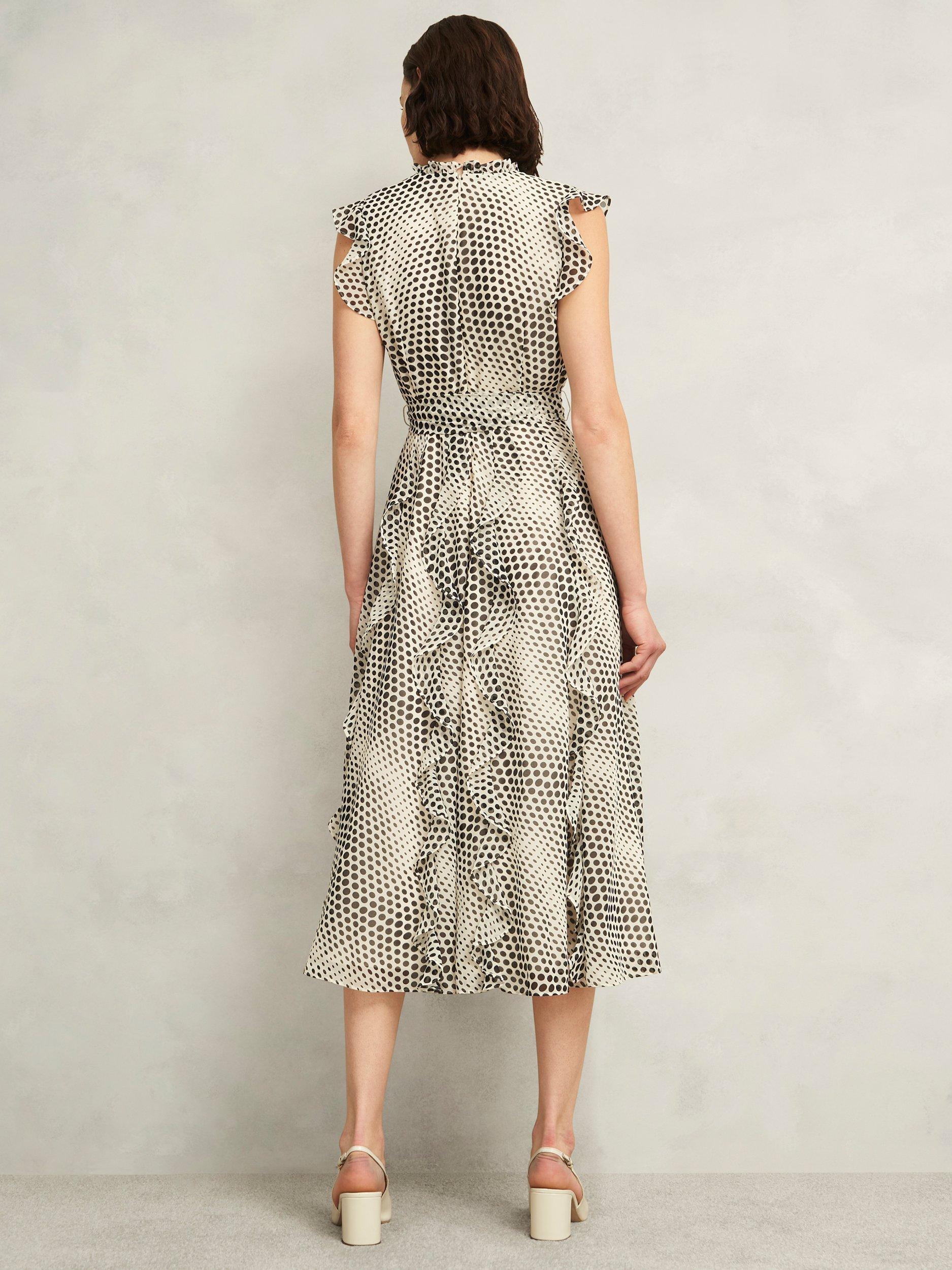 Product image 2 of 11, which shows Hobbs Nina Polka Dot Midi Dress, Cream/Black, 10