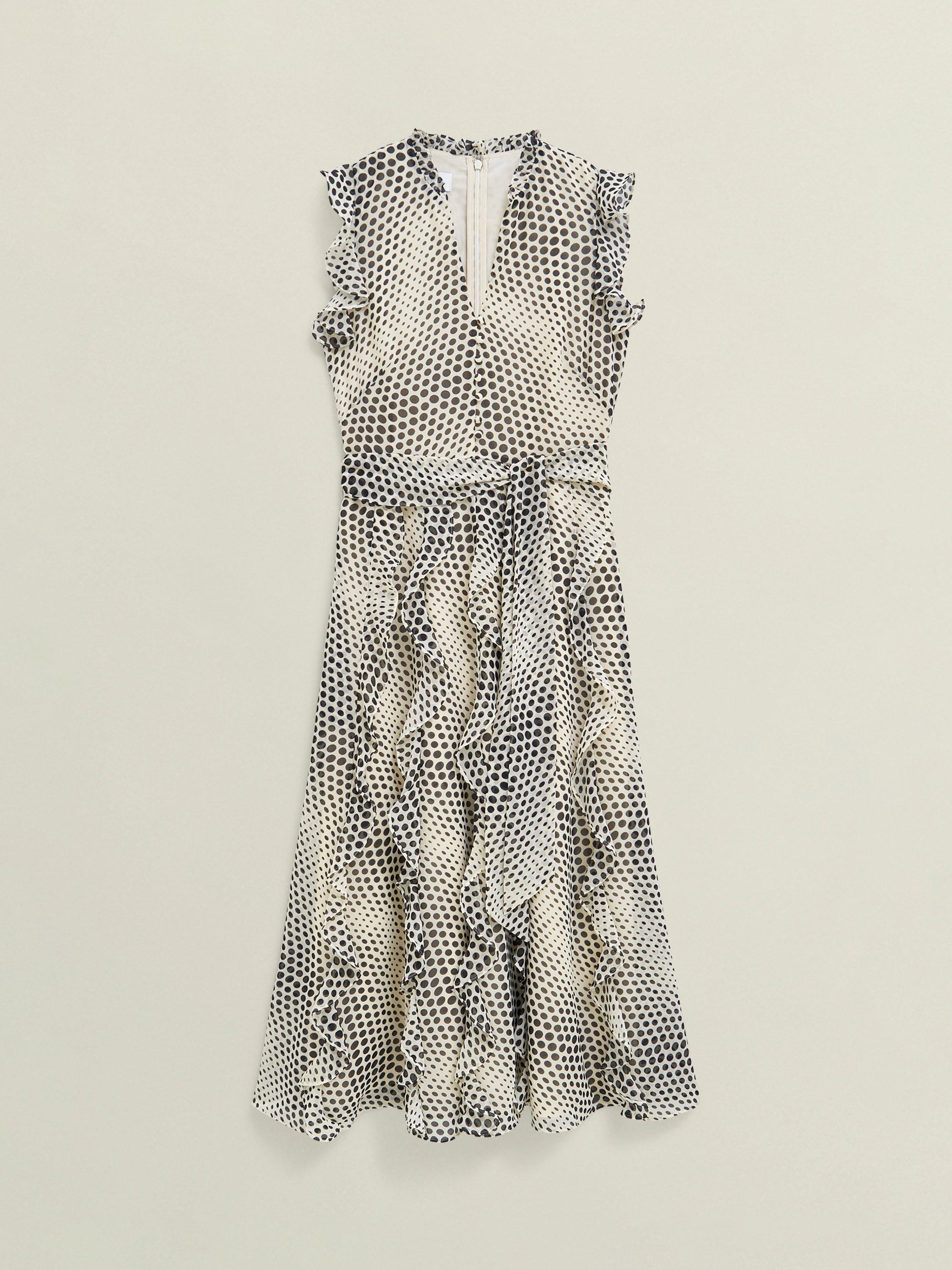 Product image 4 of 11, which shows Hobbs Nina Polka Dot Midi Dress, Cream/Black, 10