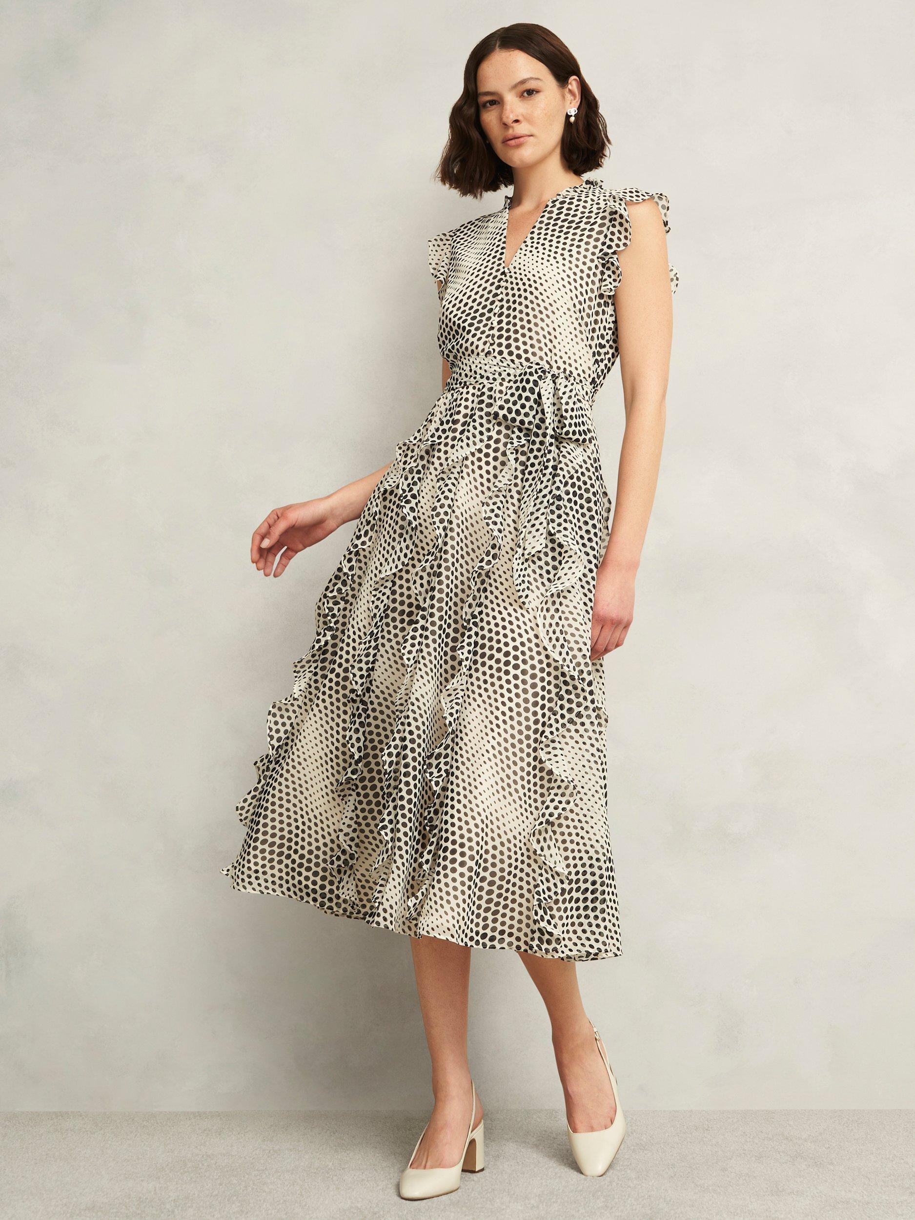 Product image 5 of 11, which shows Hobbs Nina Polka Dot Midi Dress, Cream/Black, 10