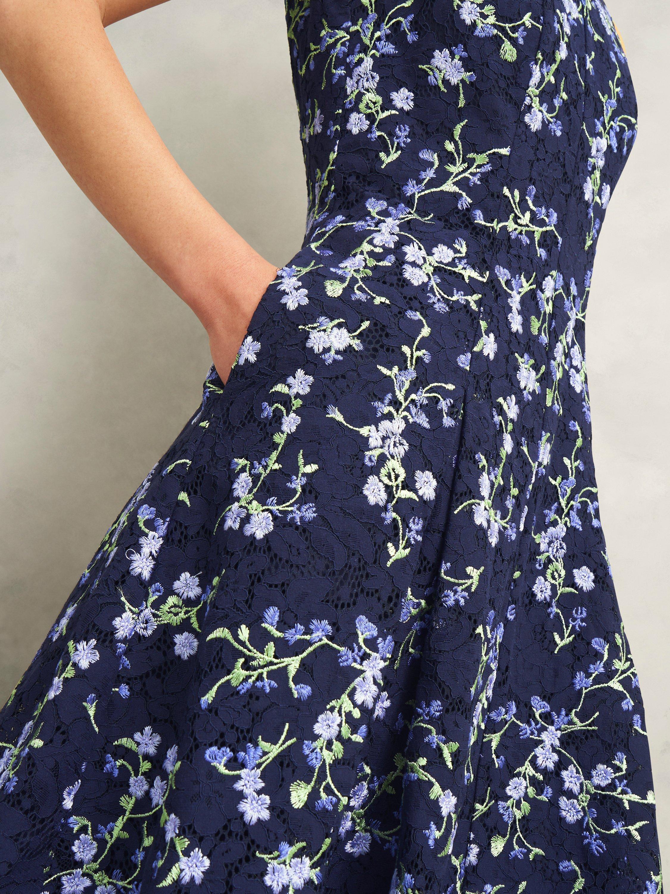 Product image 6 of 6, which shows Hobbs Ria Embroidered Floral Dress, Midnight/Multi, 10