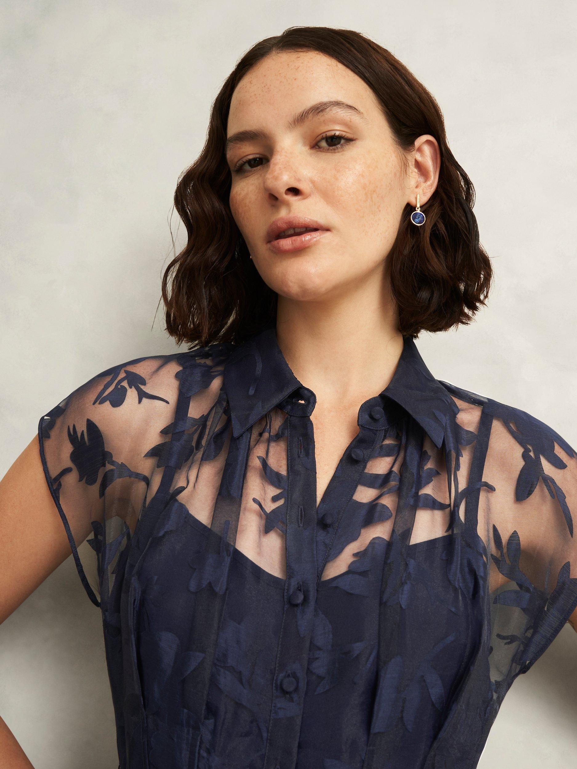 Product image 3 of 6, which shows Hobbs Tess Burnout Floral Shirt Dress, Midnight Navy, 10