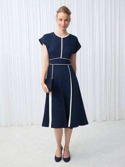 Hobbs Viola Colour Block Godet Dress, Midnight/Cream, Midnight/Cream