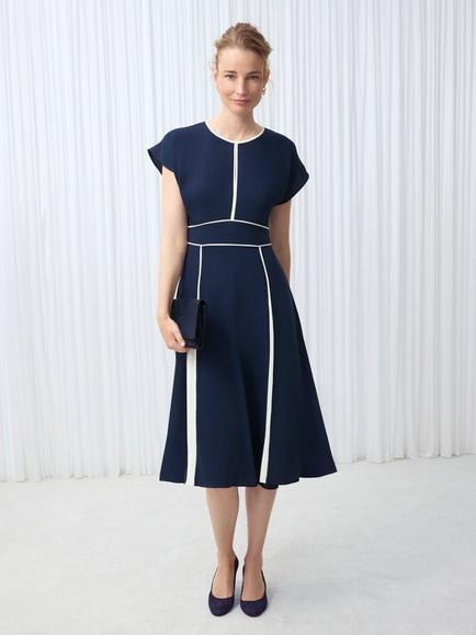 Hobbs Viola Colour Block Godet Dress, Midnight/Cream, Midnight/Cream