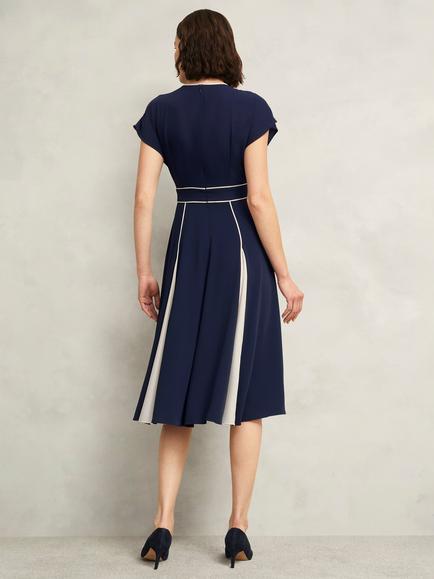 Hobbs Viola Colour Block Godet Dress, Midnight/Cream - view 2, Midnight/Cream