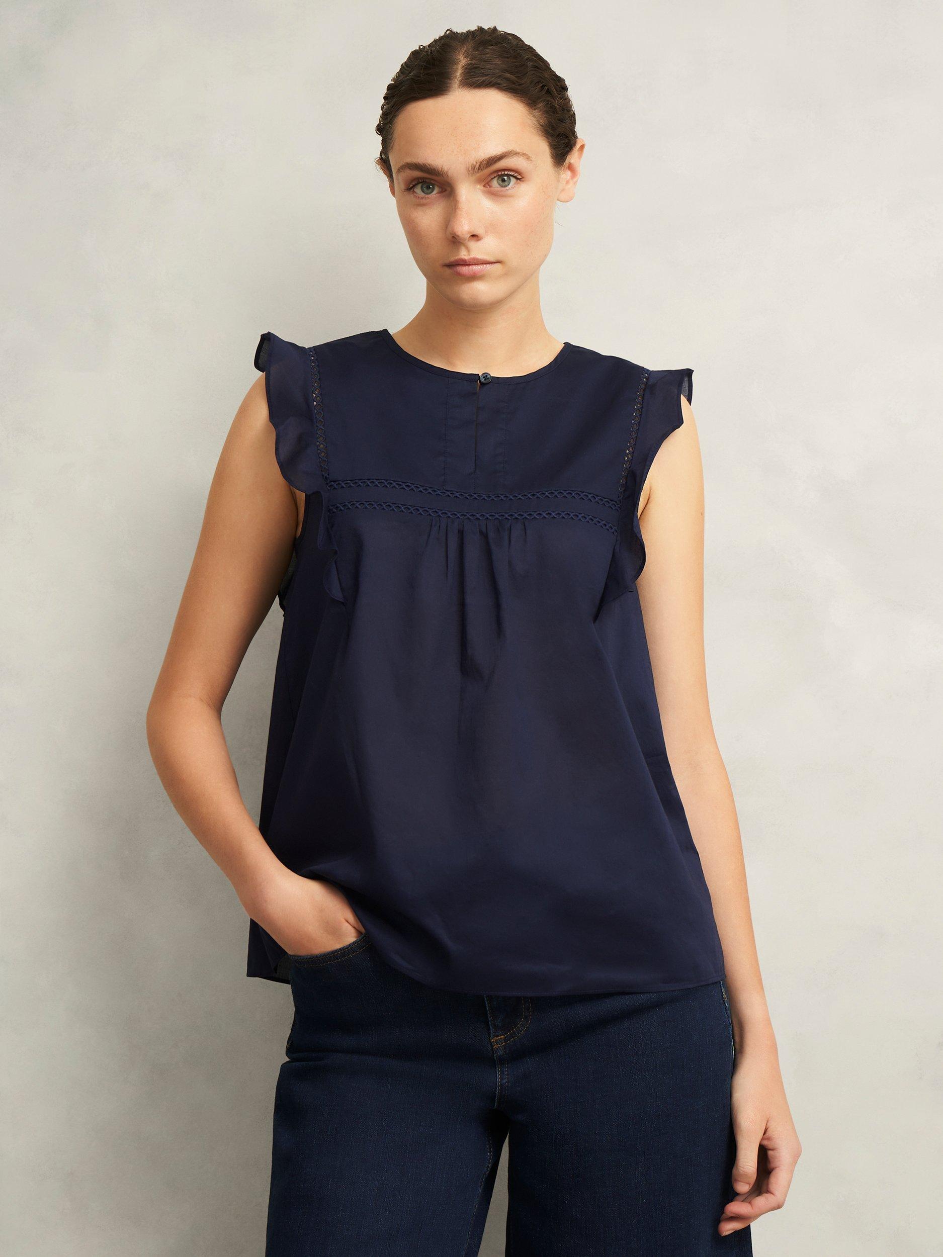 Product image 1 of 5, which shows Hobbs Joy Round Neck Crop Ruffle Sleeve Cotton Blouse, True Navy, 10