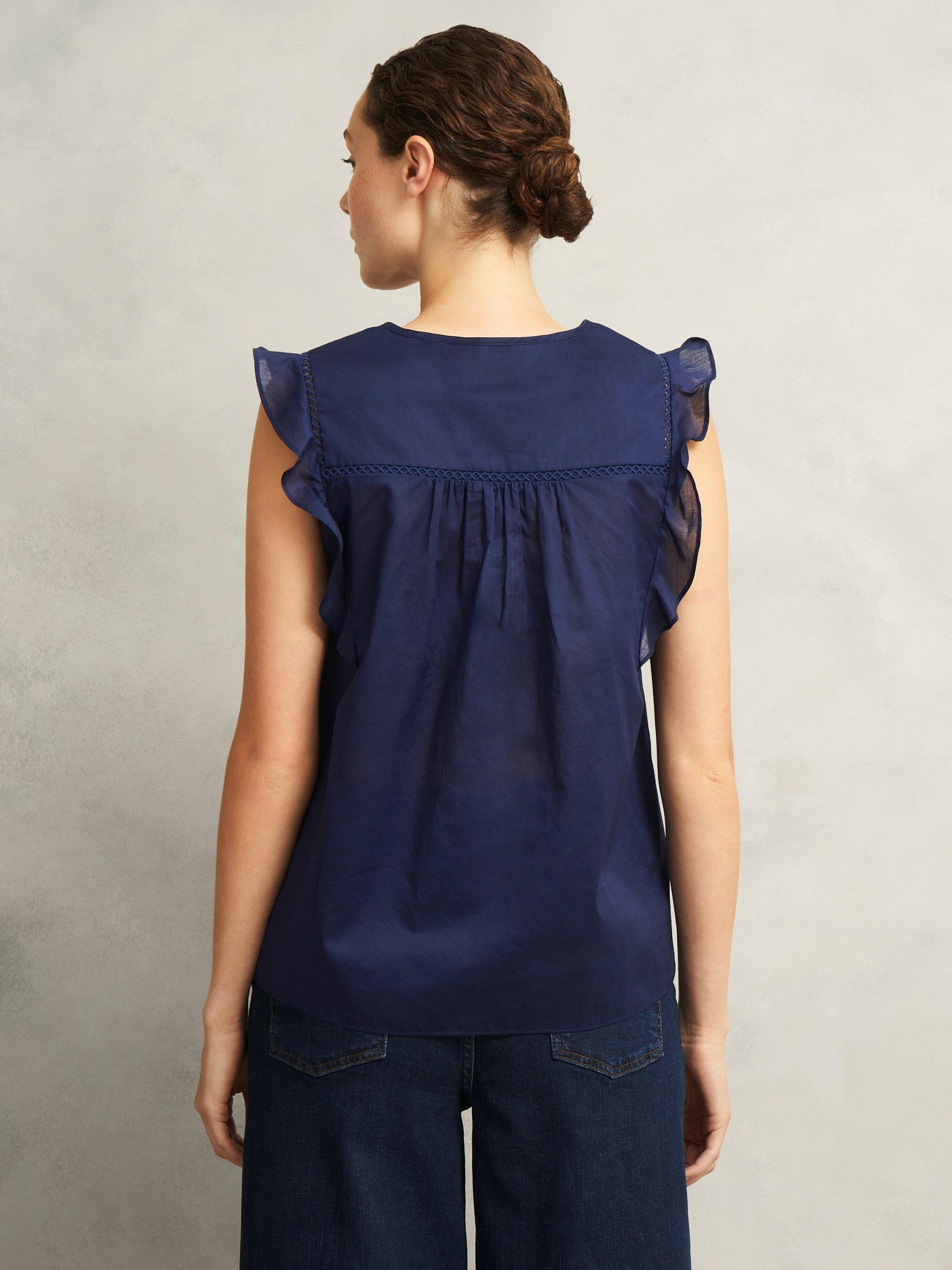 Product image 2 of 5, which shows Hobbs Joy Round Neck Crop Ruffle Sleeve Cotton Blouse, True Navy, 10