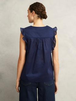 Hobbs Joy Round Neck Crop Ruffle Sleeve Cotton Blouse - view 2, True Navy