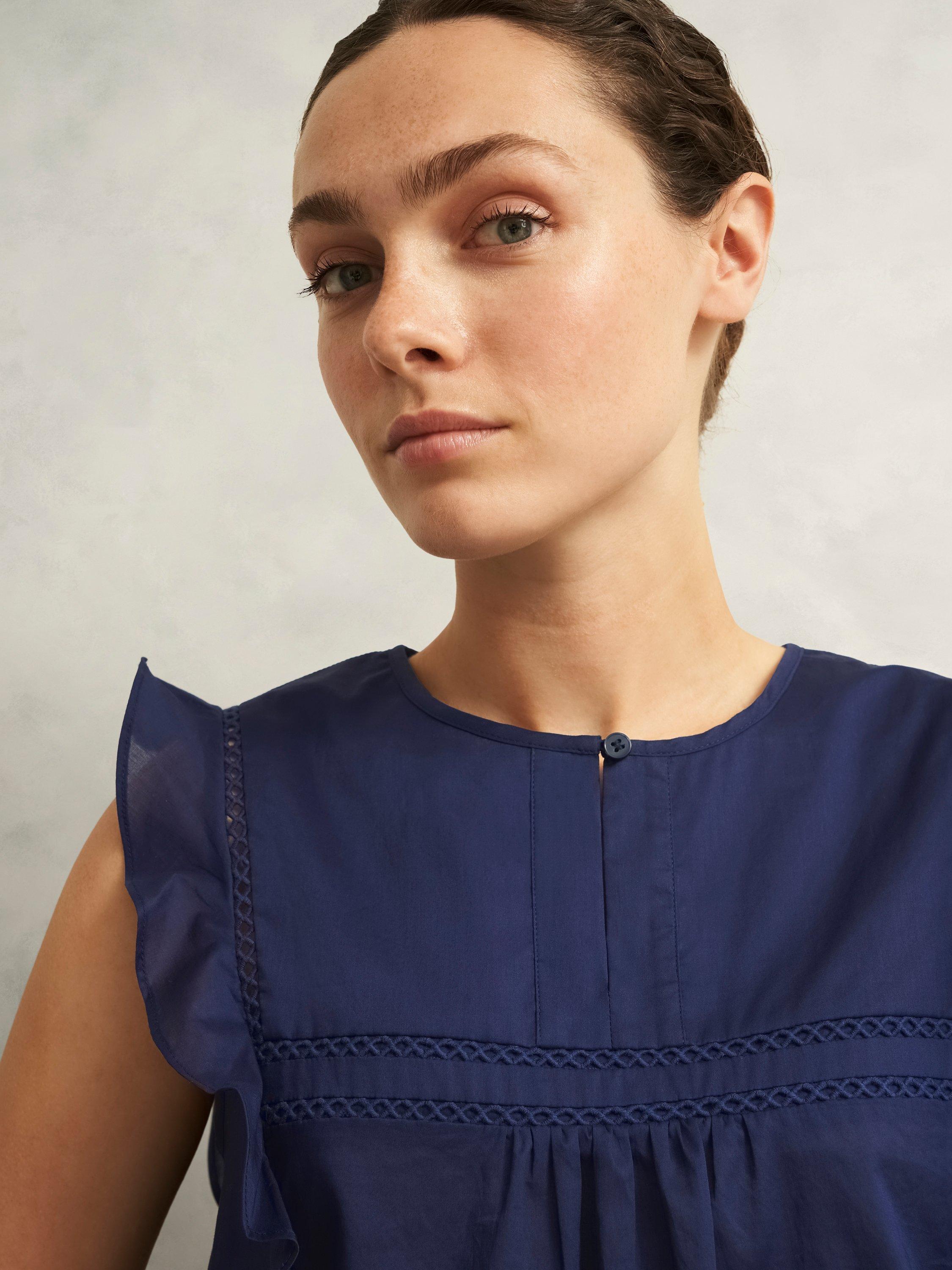 Product image 3 of 5, which shows Hobbs Joy Round Neck Crop Ruffle Sleeve Cotton Blouse, True Navy, 10