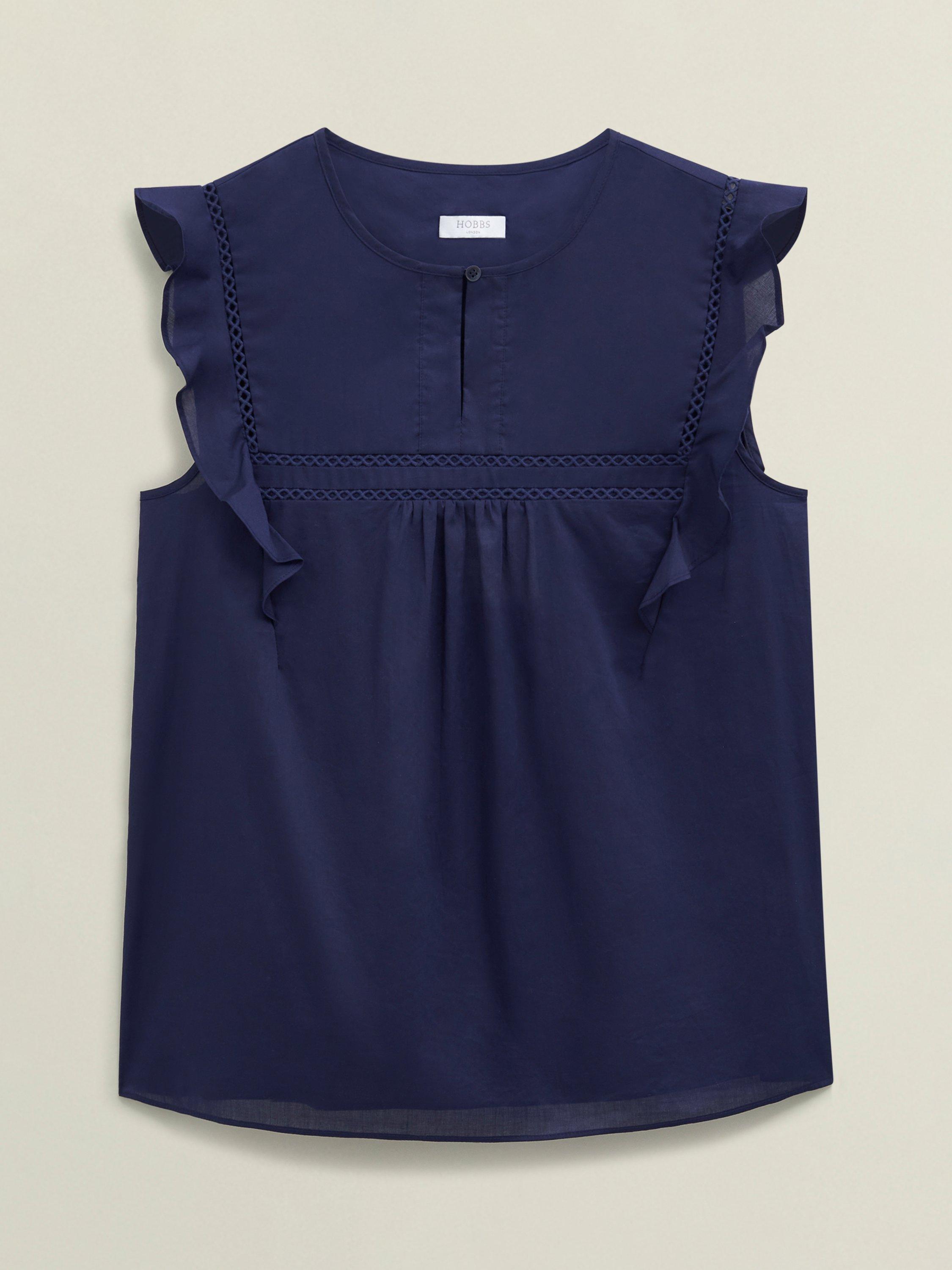 Product image 4 of 5, which shows Hobbs Joy Round Neck Crop Ruffle Sleeve Cotton Blouse, True Navy, 10
