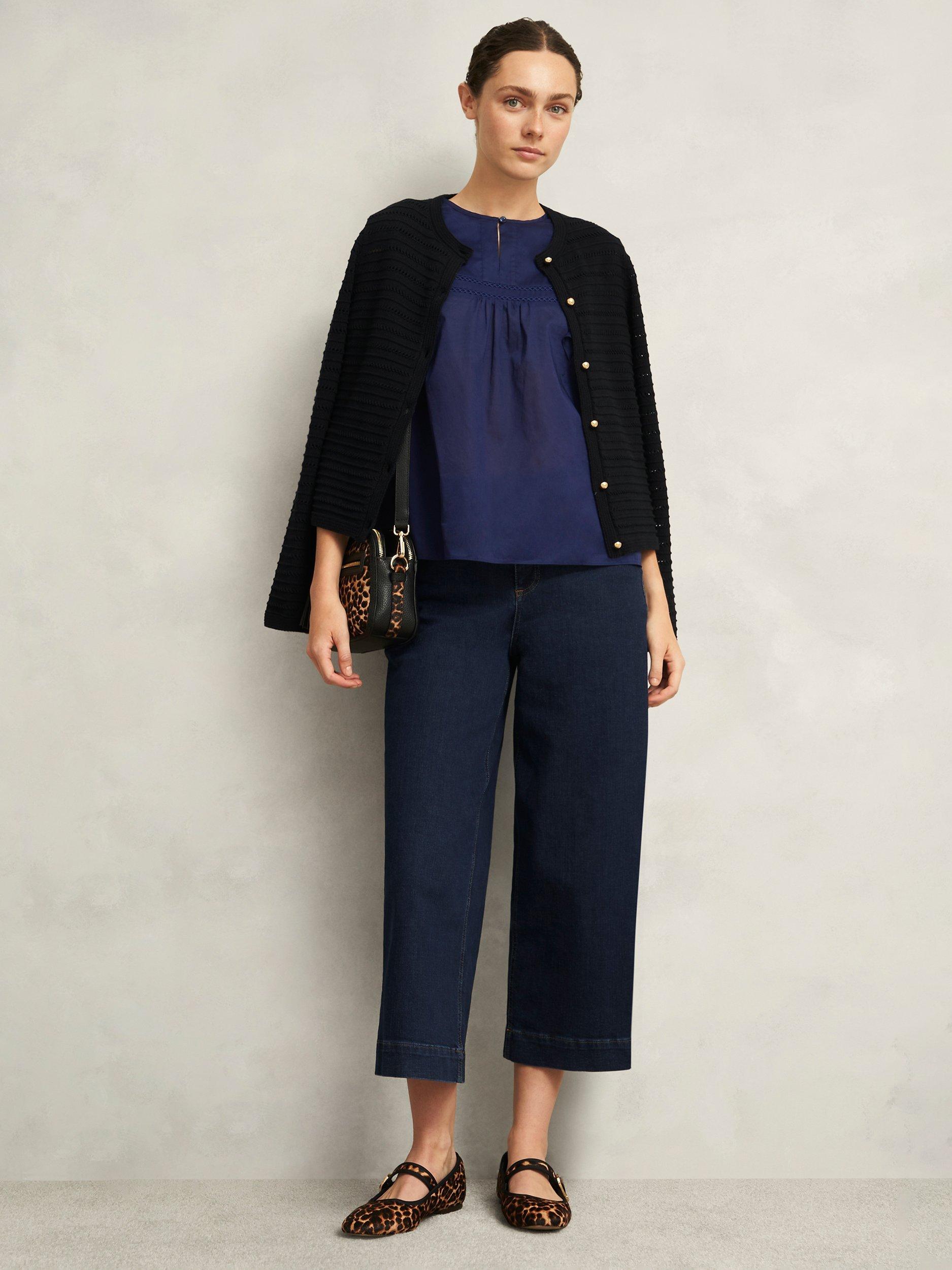 Product image 5 of 5, which shows Hobbs Joy Round Neck Crop Ruffle Sleeve Cotton Blouse, True Navy, 10