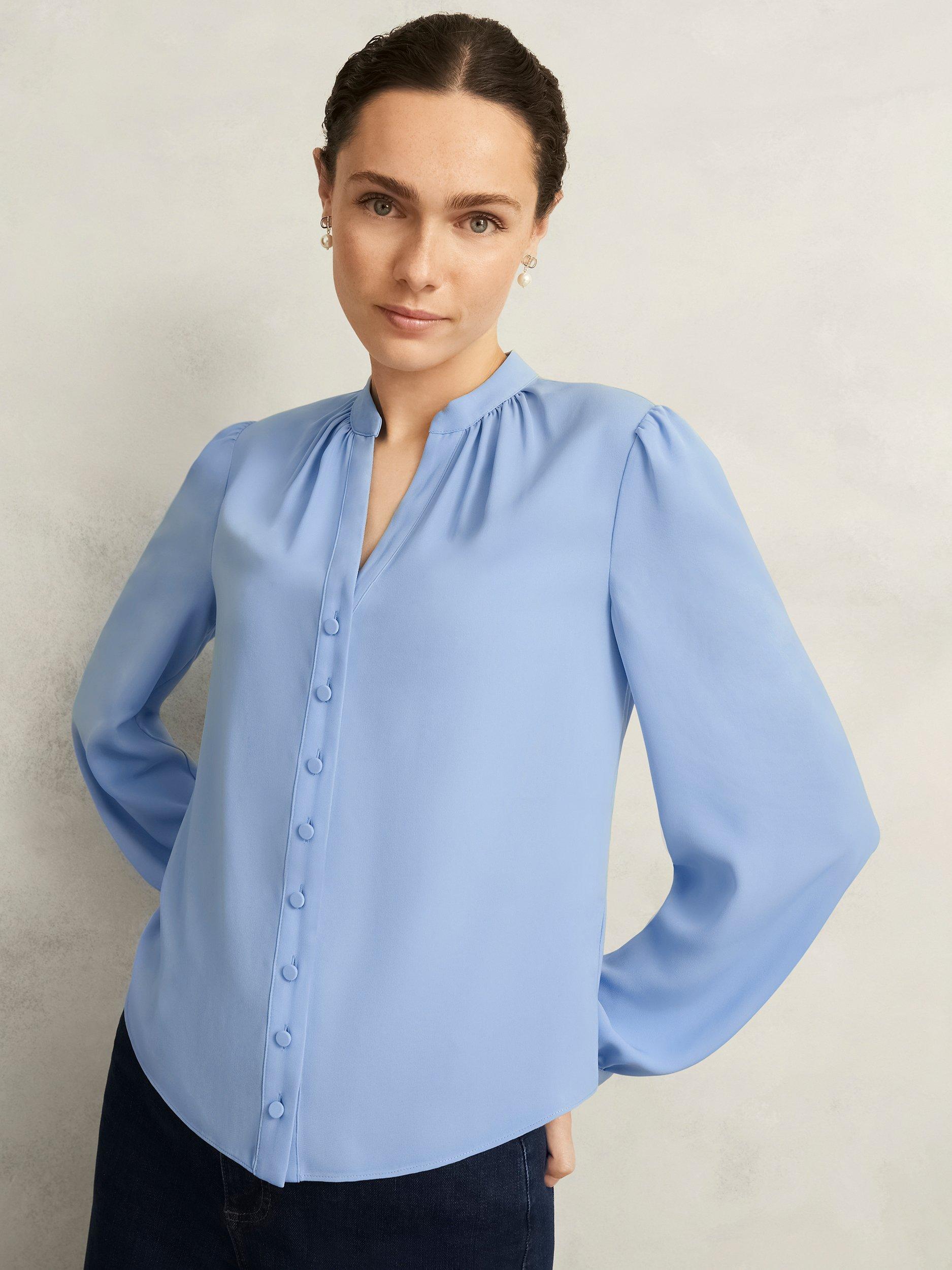 Product image 1 of 6, which shows Hobbs Peony Pleat Detail Top, Maya Blue, 10