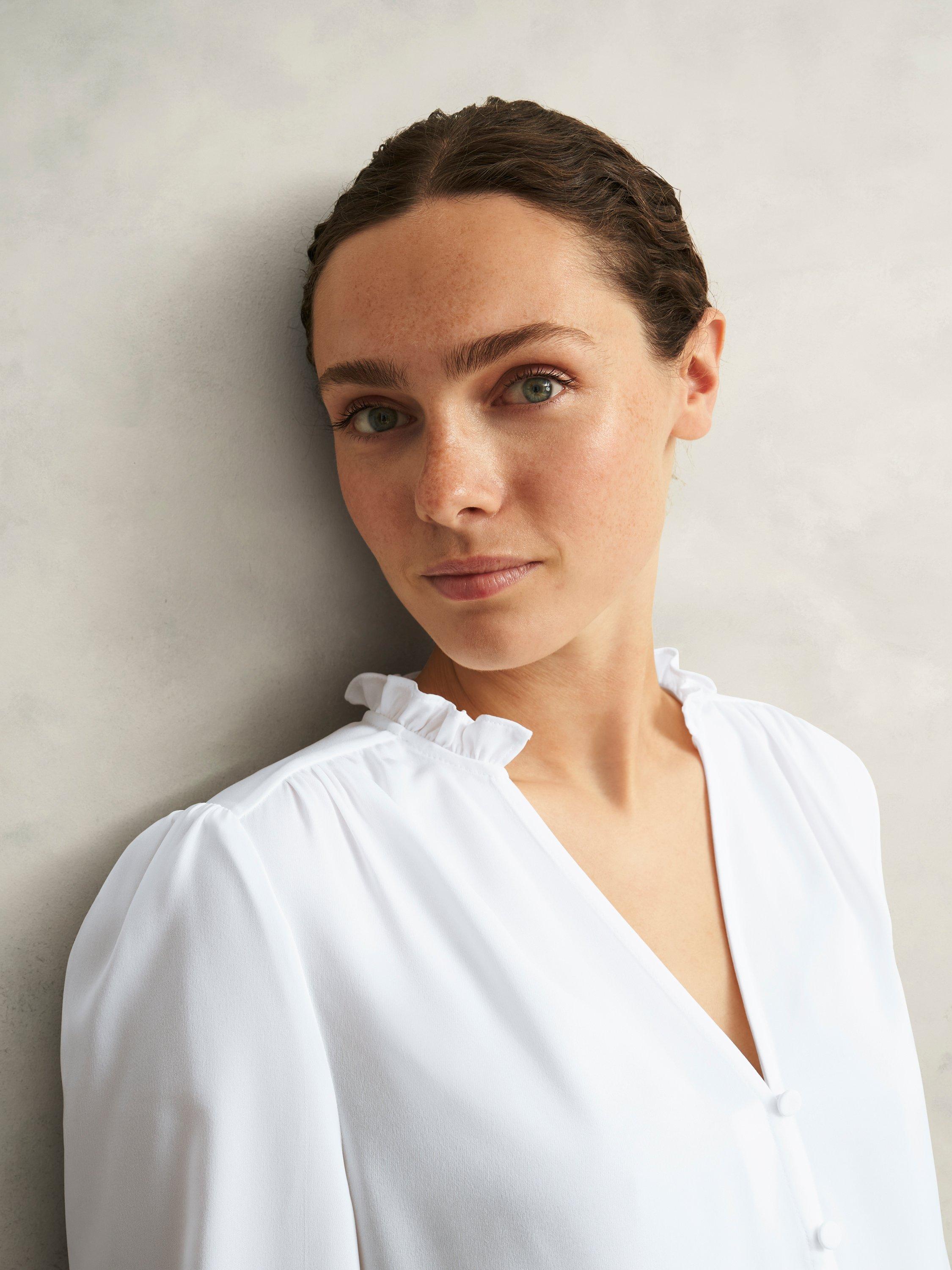 Product image 3 of 6, which shows Hobbs Rosalie Frill Trim Blouse, Ivory, 12