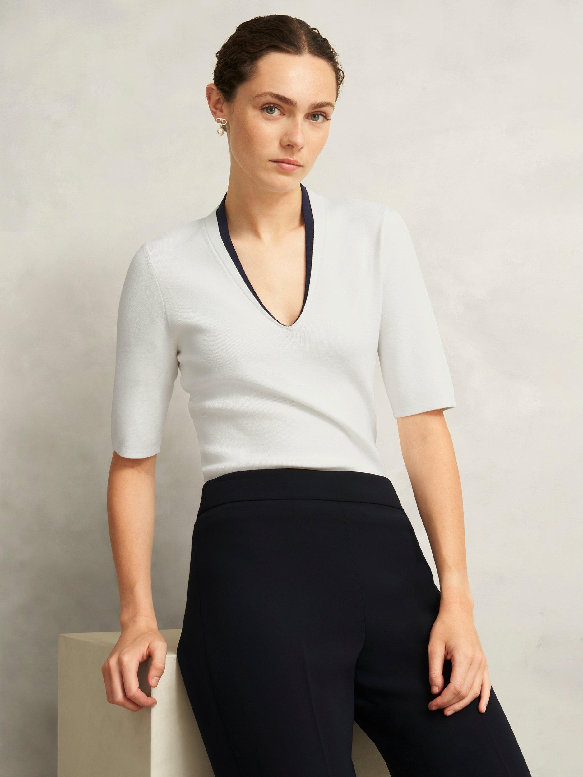 Product image 1 of 5, which shows Hobbs Scarlett Two Tone Knit Top, Ivory/Navy, M