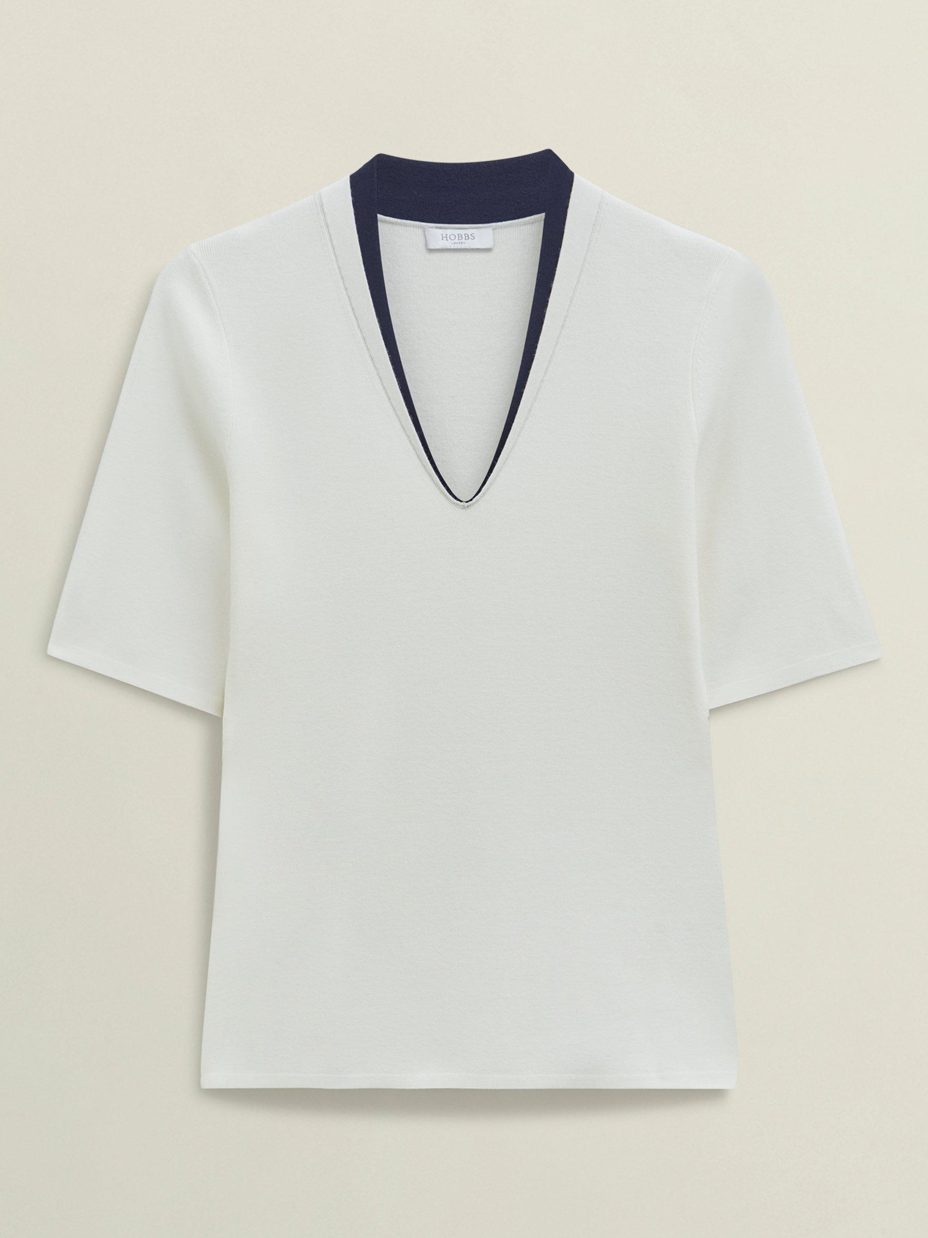 Product image 4 of 5, which shows Hobbs Scarlett Two Tone Knit Top, Ivory/Navy, M