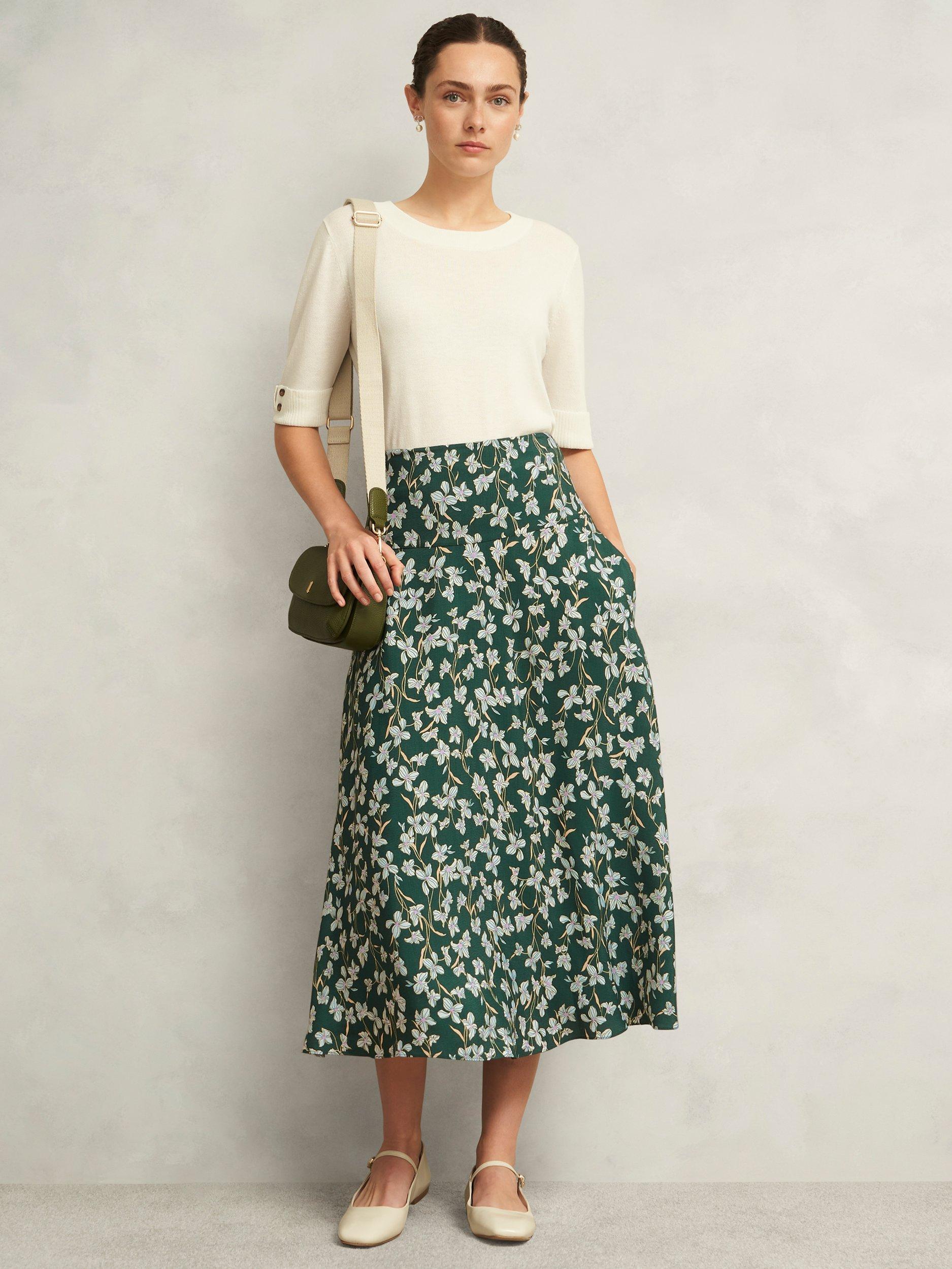 Product image 1 of 5, which shows Hobbs Kiara Floral A-Line Midi Skirt, Green/Multi, 10