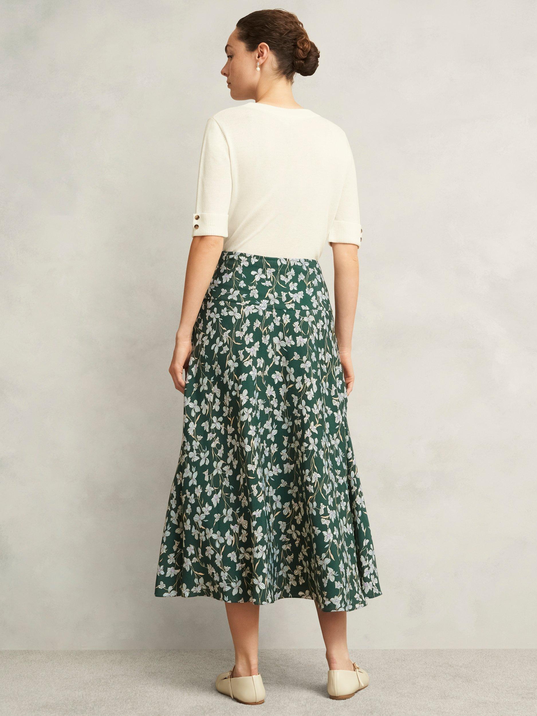 Product image 2 of 5, which shows Hobbs Kiara Floral A-Line Midi Skirt, Green/Multi, 10