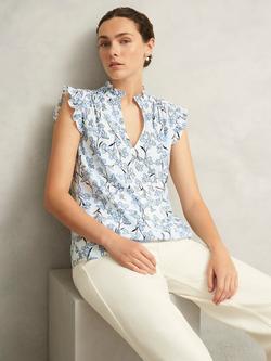 Hobbs Jules Floral Sleeveless V-Neck Blouse, Ivory/Blue