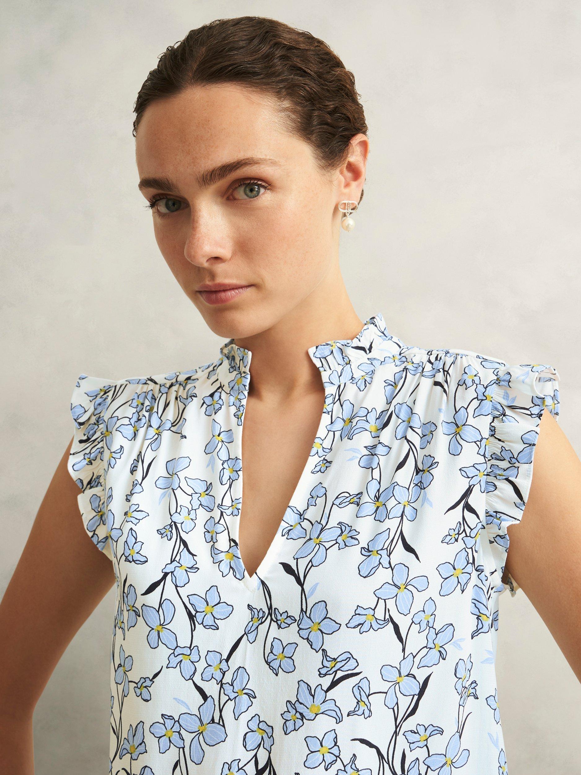 Product image 3 of 5, which shows Hobbs Jules Floral Sleeveless V-Neck Blouse, Ivory/Blue, 10