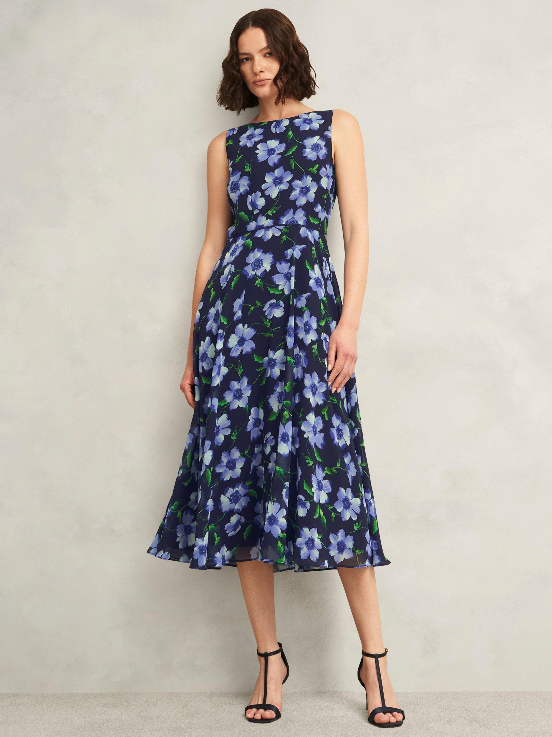 Product image 1 of 5, which shows Hobbs Carly Floral Sleeveless Fit And Flare Midi Dress, Midnight/Multi, 12