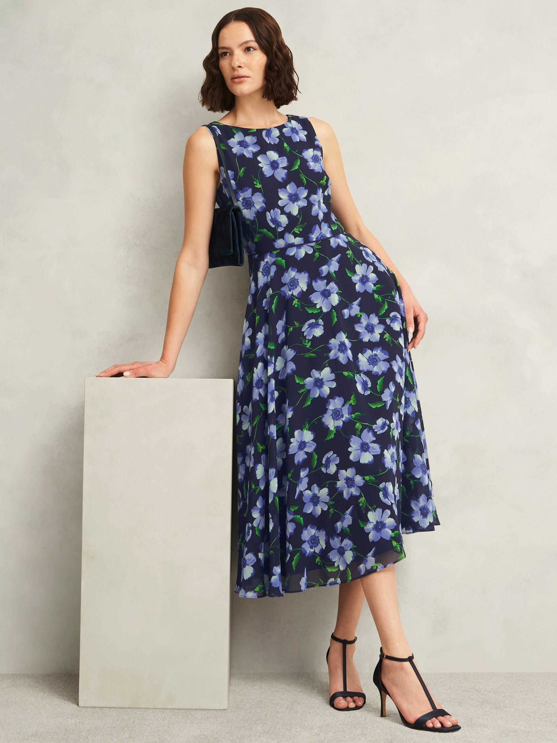 Product image 5 of 5, which shows Hobbs Carly Floral Sleeveless Fit And Flare Midi Dress, Midnight/Multi, 12