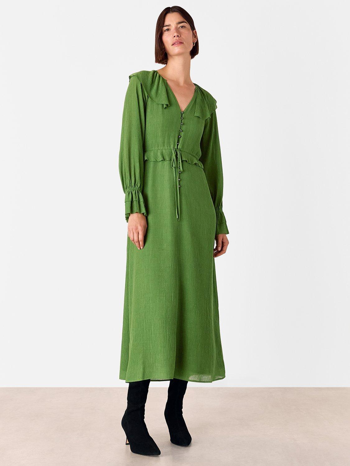 Product image 1 of 5, which shows Whistles Frill Boho Midi Dress, Green, 6