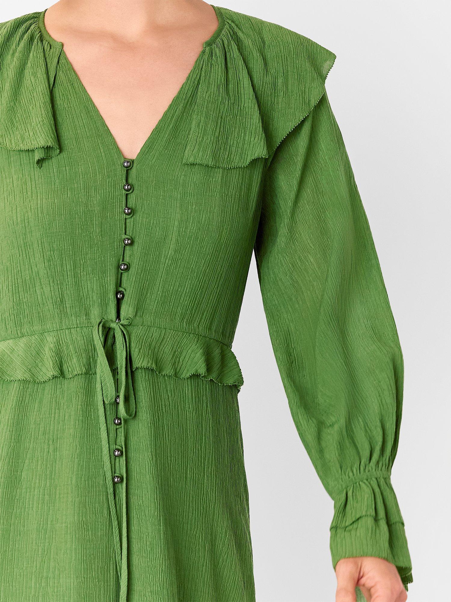 Product image 4 of 5, which shows Whistles Frill Boho Midi Dress, Green, 6