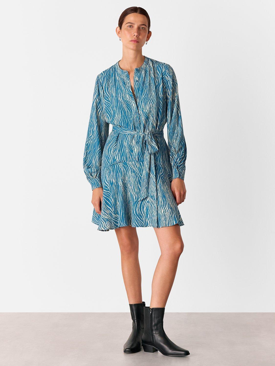 Product image 3 of 5, which shows Whistles Zebra Print Flippy Mini Dress, Blue/Multi, 6