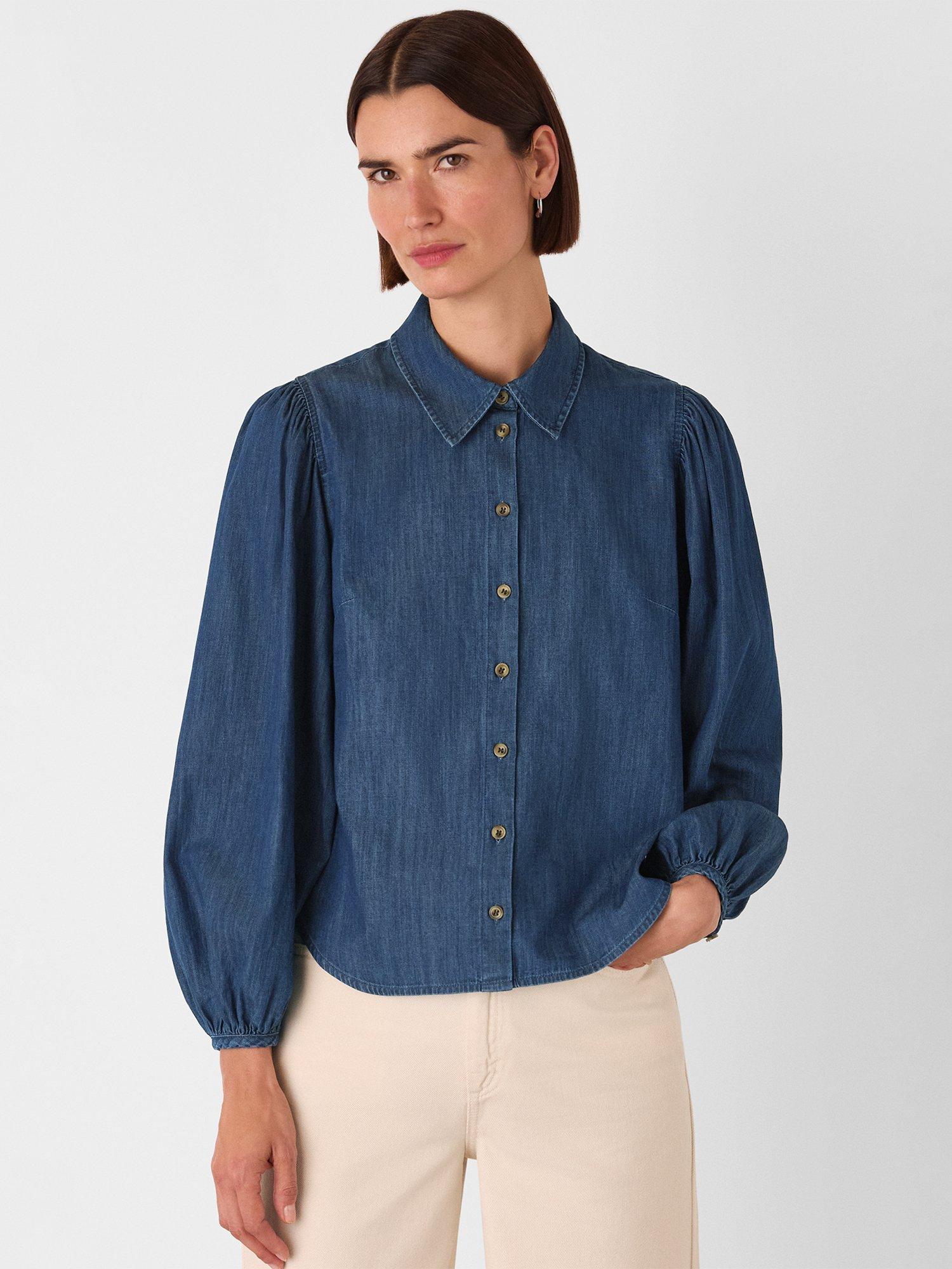 Product image 1 of 5, which shows Whistles Chambray Cotton Collar Button Shirt, Denim, 6