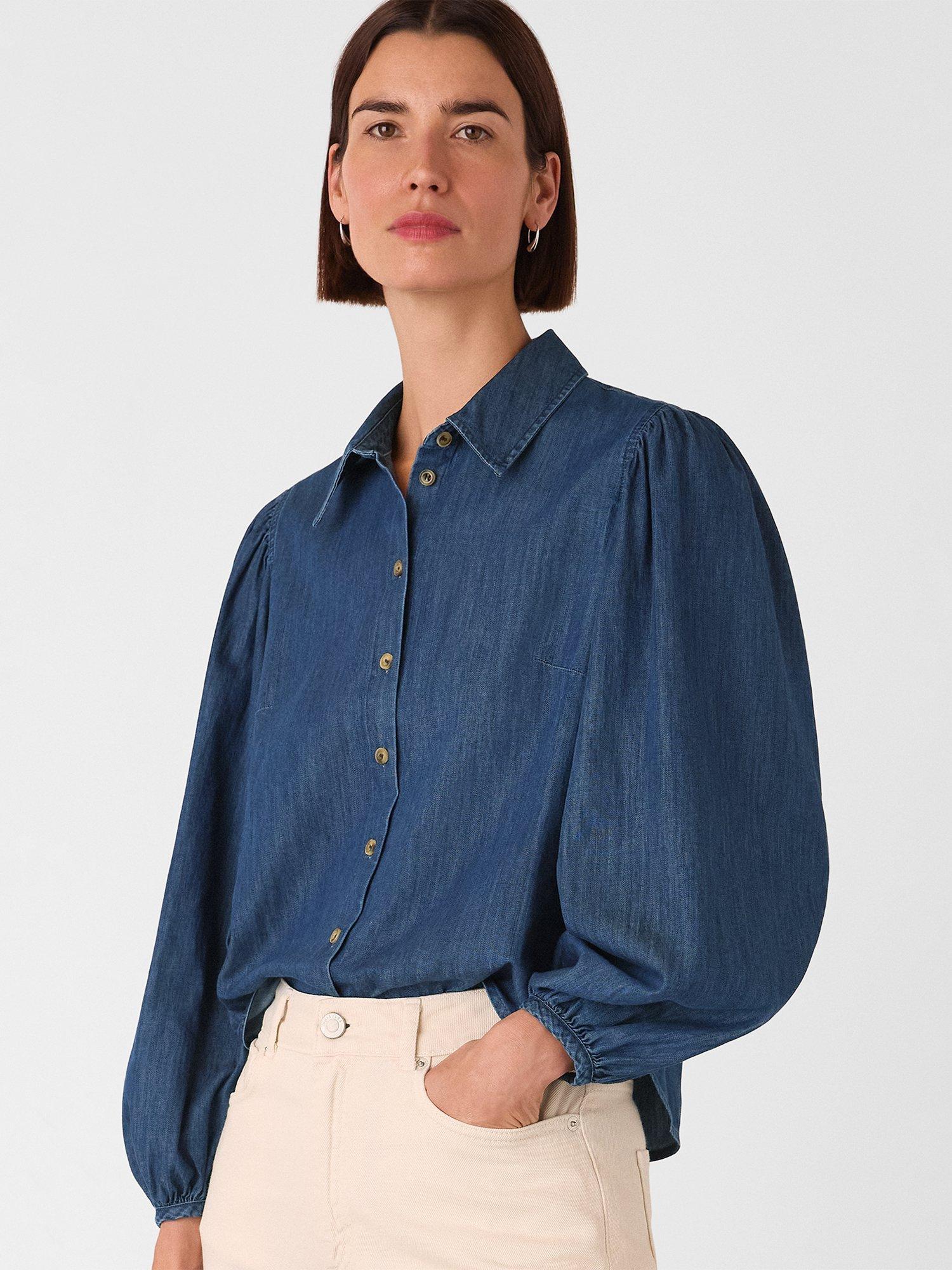 Product image 3 of 5, which shows Whistles Chambray Cotton Collar Button Shirt, Denim, 6