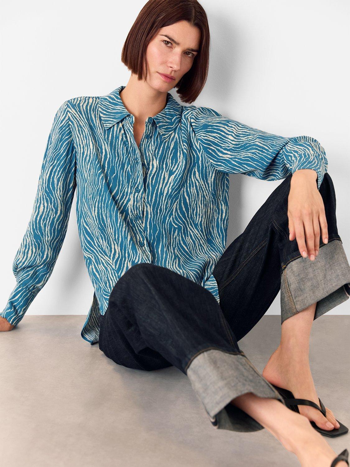 Product image 1 of 5, which shows Whistles Zebra Long Sleeve Shirt, Blue/Multi, 6