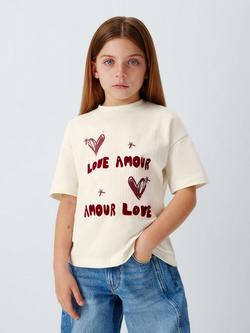 John Lewis Kids' Love Amour Short Sleeve T-Shirt, Cream/Pink, Cream, Pink