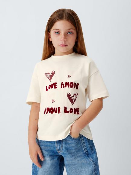 John Lewis Kids' Love Amour Short Sleeve T-Shirt, Cream/Pink, Cream, Pink