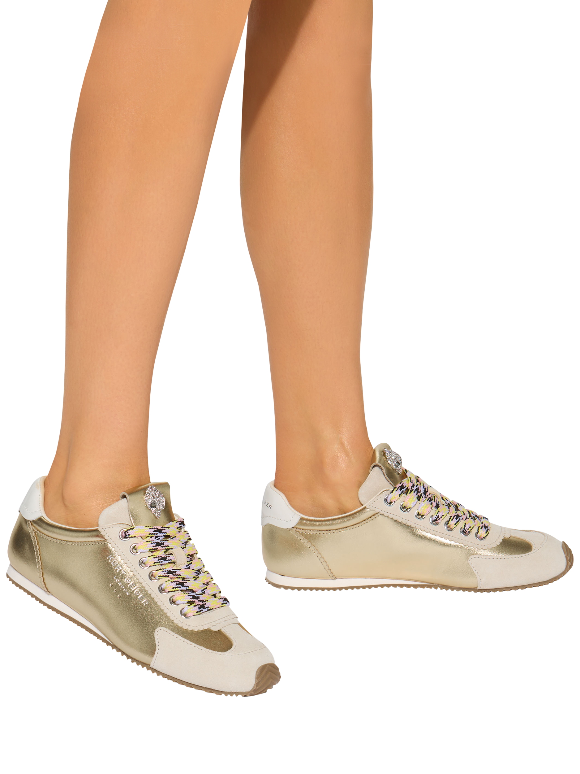 Product image 2 of 6, which shows Kurt Geiger London Islington Metallic Leather Trainers, Gold Comb, 3