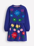 Mini Boden Kids' Cotton Long Sleeved Floral Applique Dress, Blue Flowers