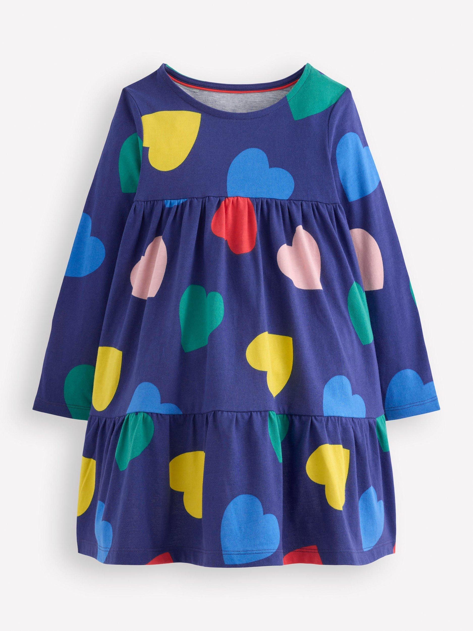 Product image 1 of 2, which shows Mini Boden Kids' Ariel Cotton Long Sleeved Dress, Blue Hearts, 2-3 years