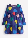 Mini Boden Kids' Ariel Cotton Long Sleeved Dress, Blue Hearts