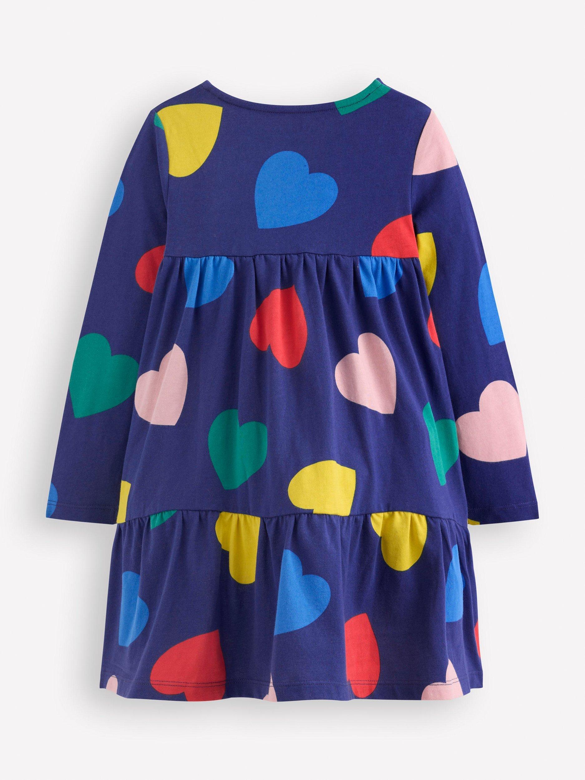 Product image 2 of 2, which shows Mini Boden Kids' Ariel Cotton Long Sleeved Dress, Blue Hearts, 2-3 years