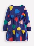 Mini Boden Kids' Ariel Cotton Long Sleeved Dress, Blue Hearts
