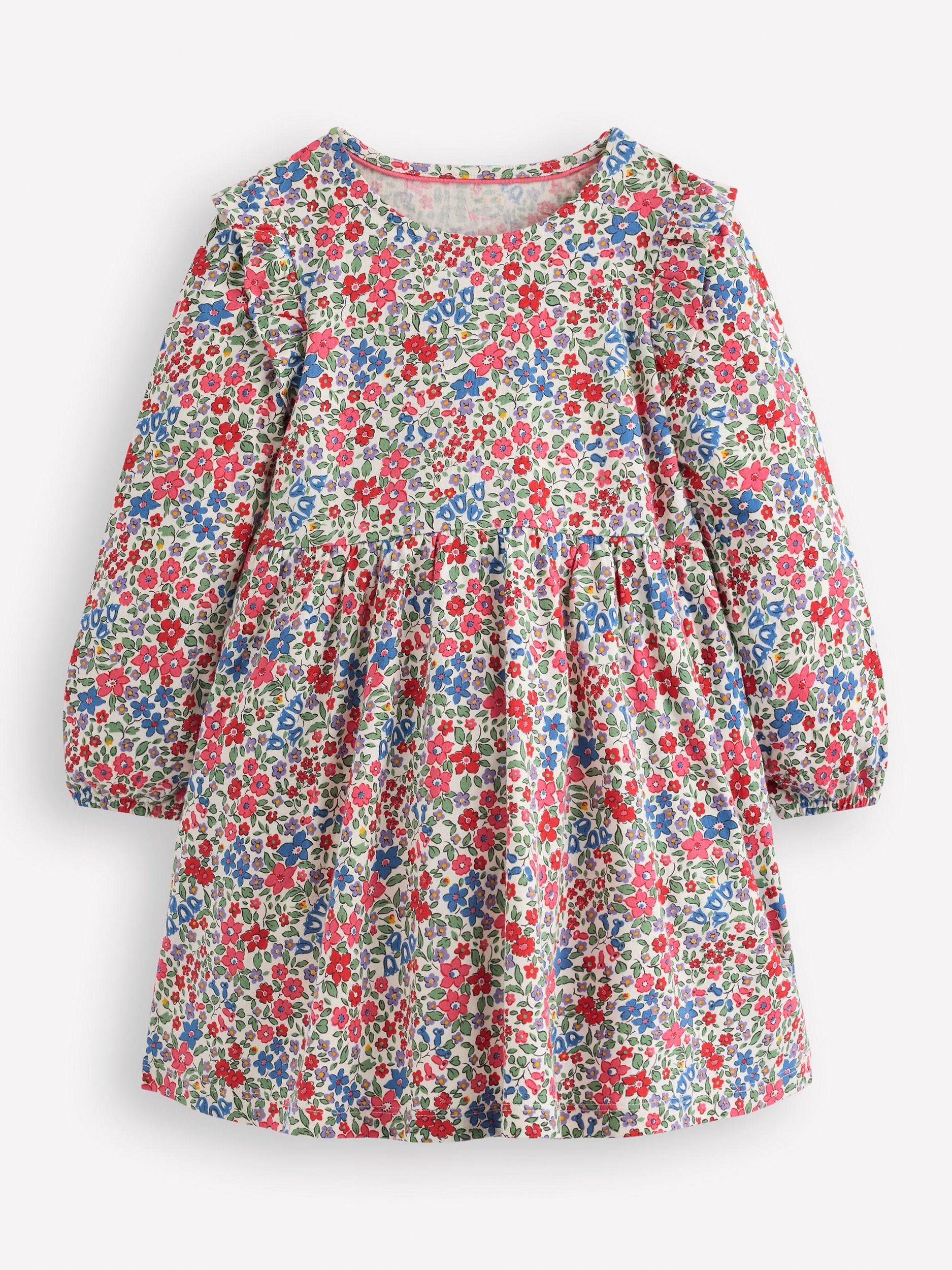 Mini Boden Kids' Cotton Long Sleeved Dress, Rose Pink Flowerbed