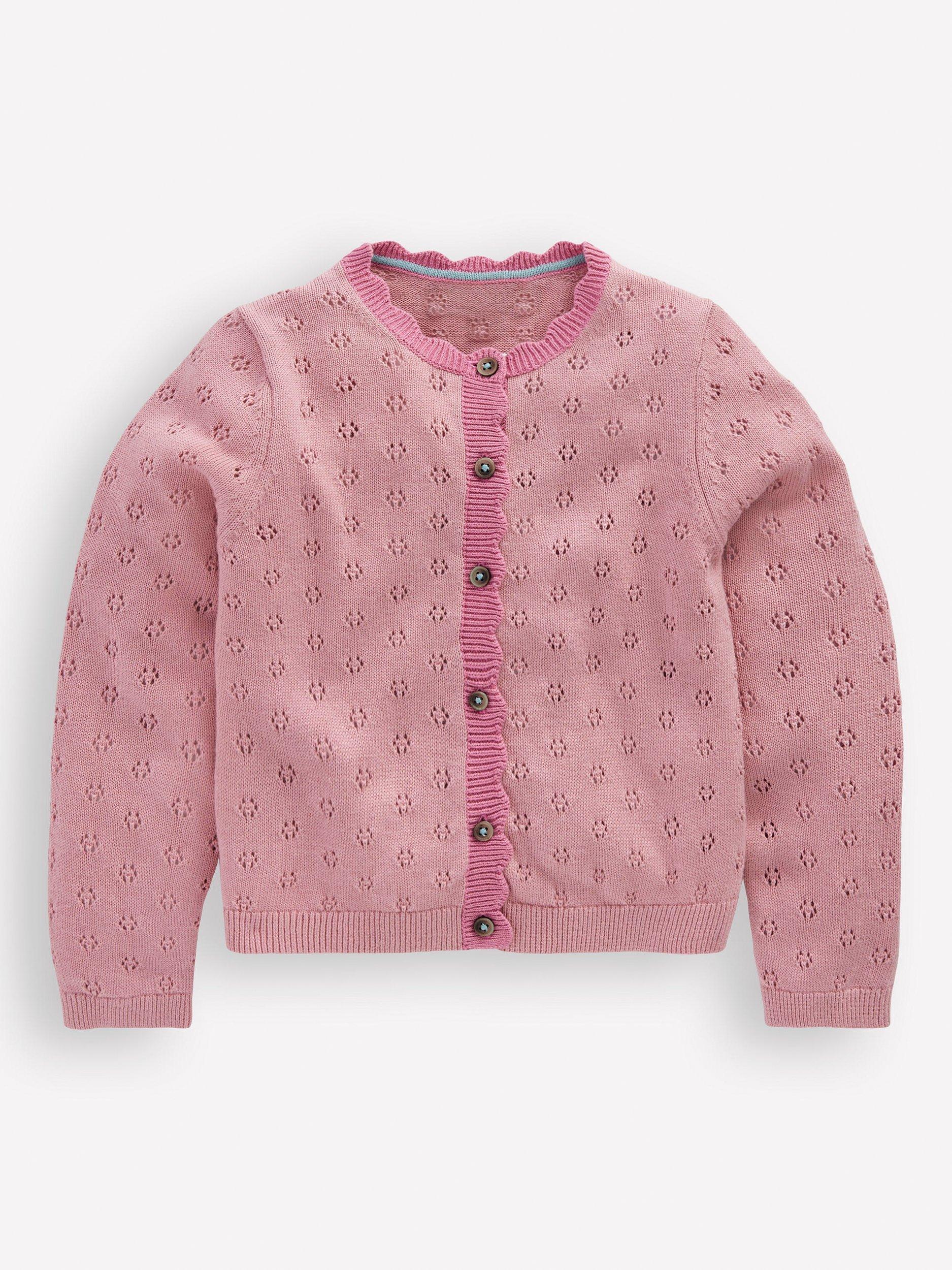 Product image 1 of 2, which shows Mini Boden Everyday Cotton Scalloped Button Cardigan, Vintage Pink, 2-3 years
